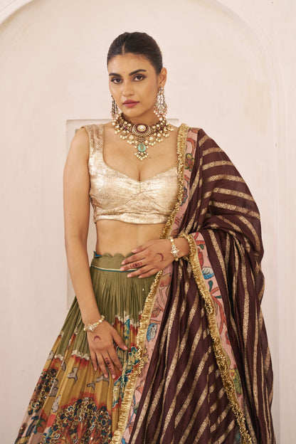 Olive-Green Sena Theme Lehenga Set
