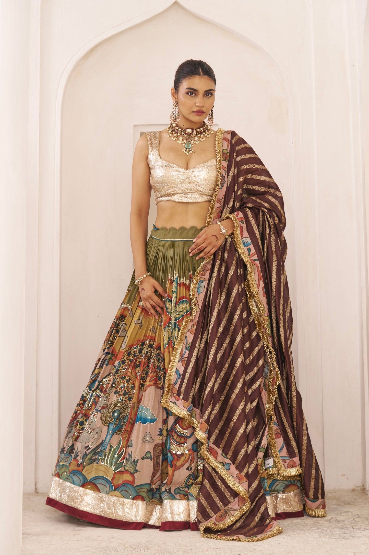 Olive-Green Sena Theme Lehenga Set