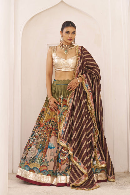 Olive-Green Sena Theme Lehenga Set