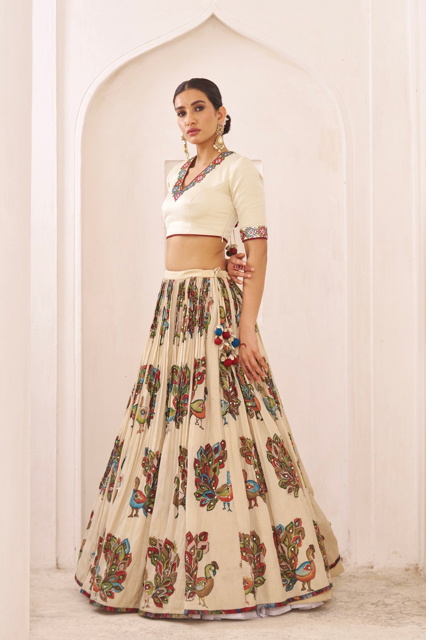 Ivory Peacock Theme Kalamkari Lehenga Set