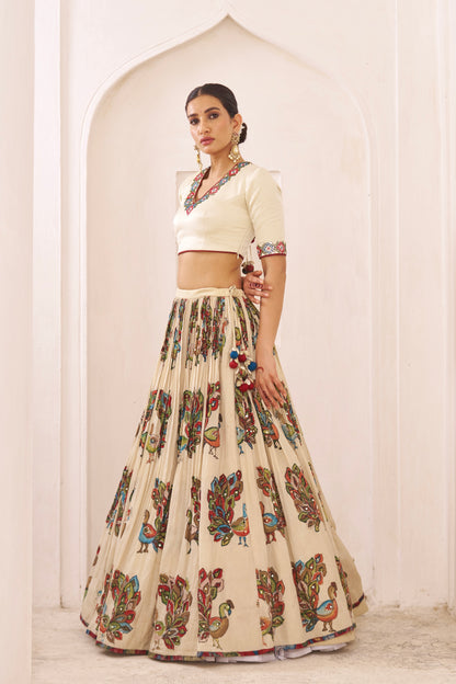 Ivory Peacock Theme Kalamkari Lehenga Set