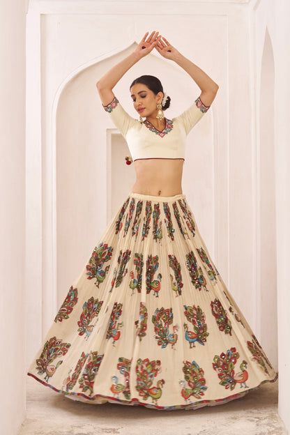 Ivory Peacock Theme Kalamkari Lehenga Set