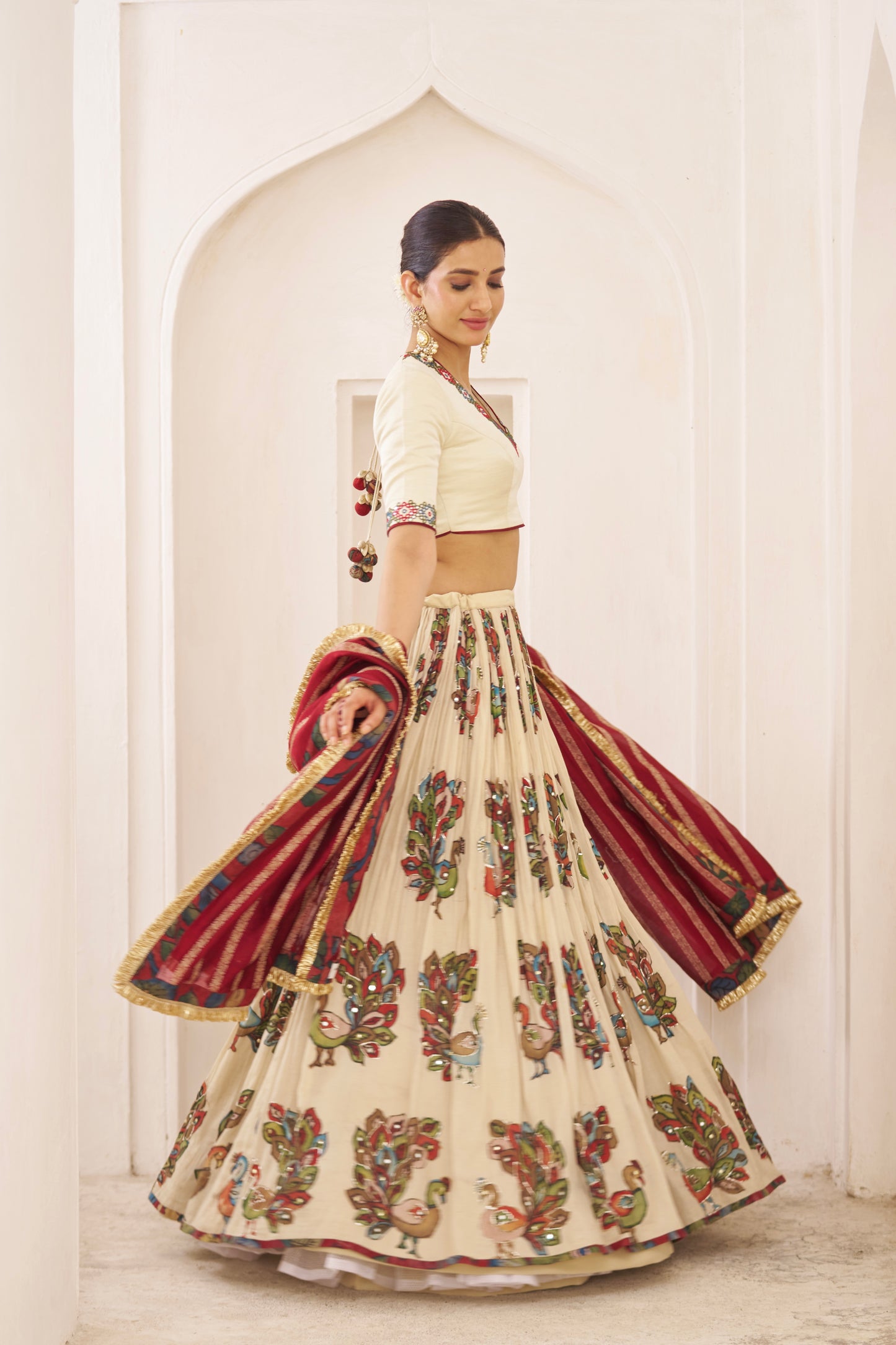Ivory Peacock Theme Kalamkari Lehenga Set