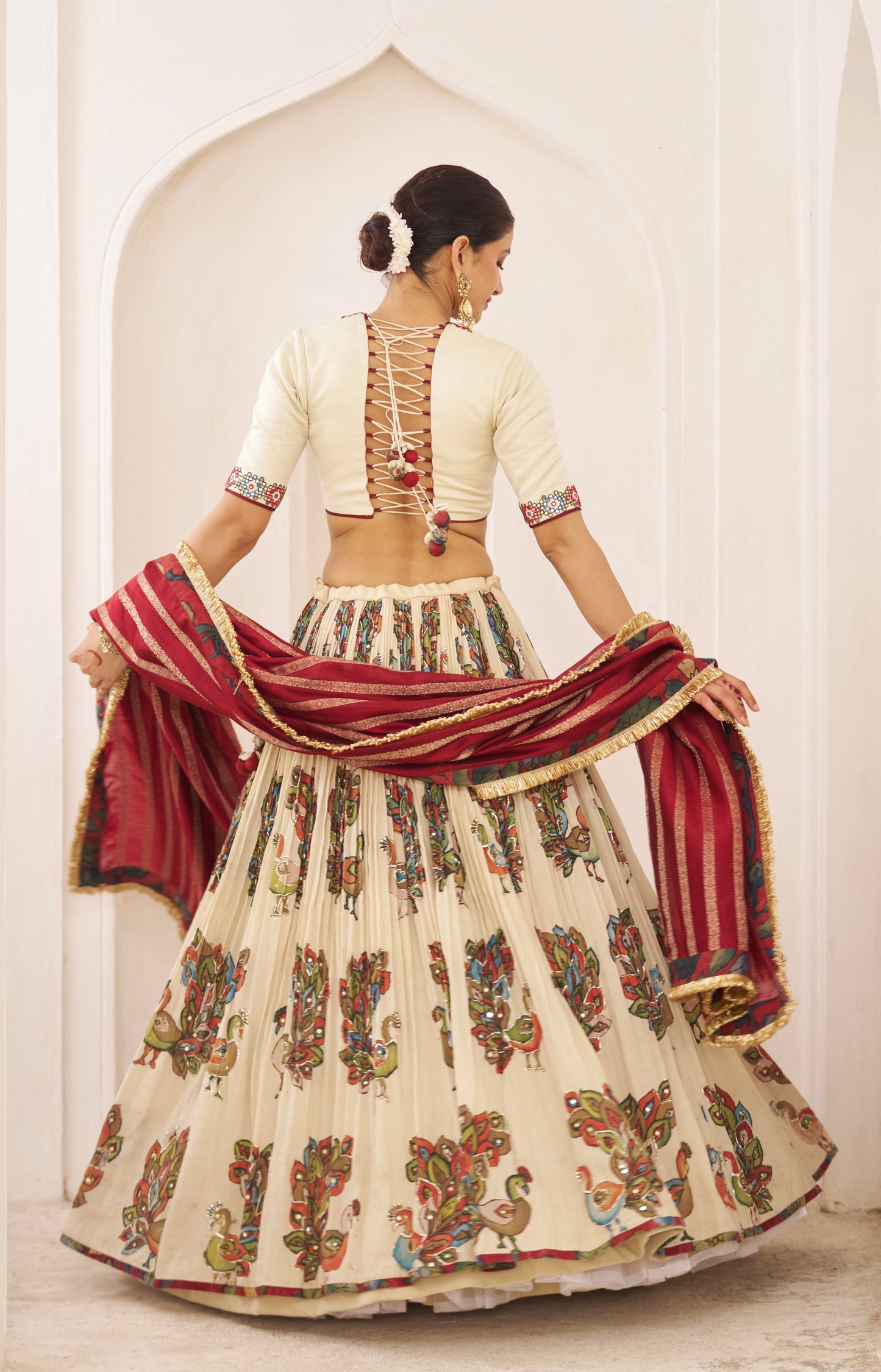 Ivory Peacock Theme Kalamkari Lehenga Set