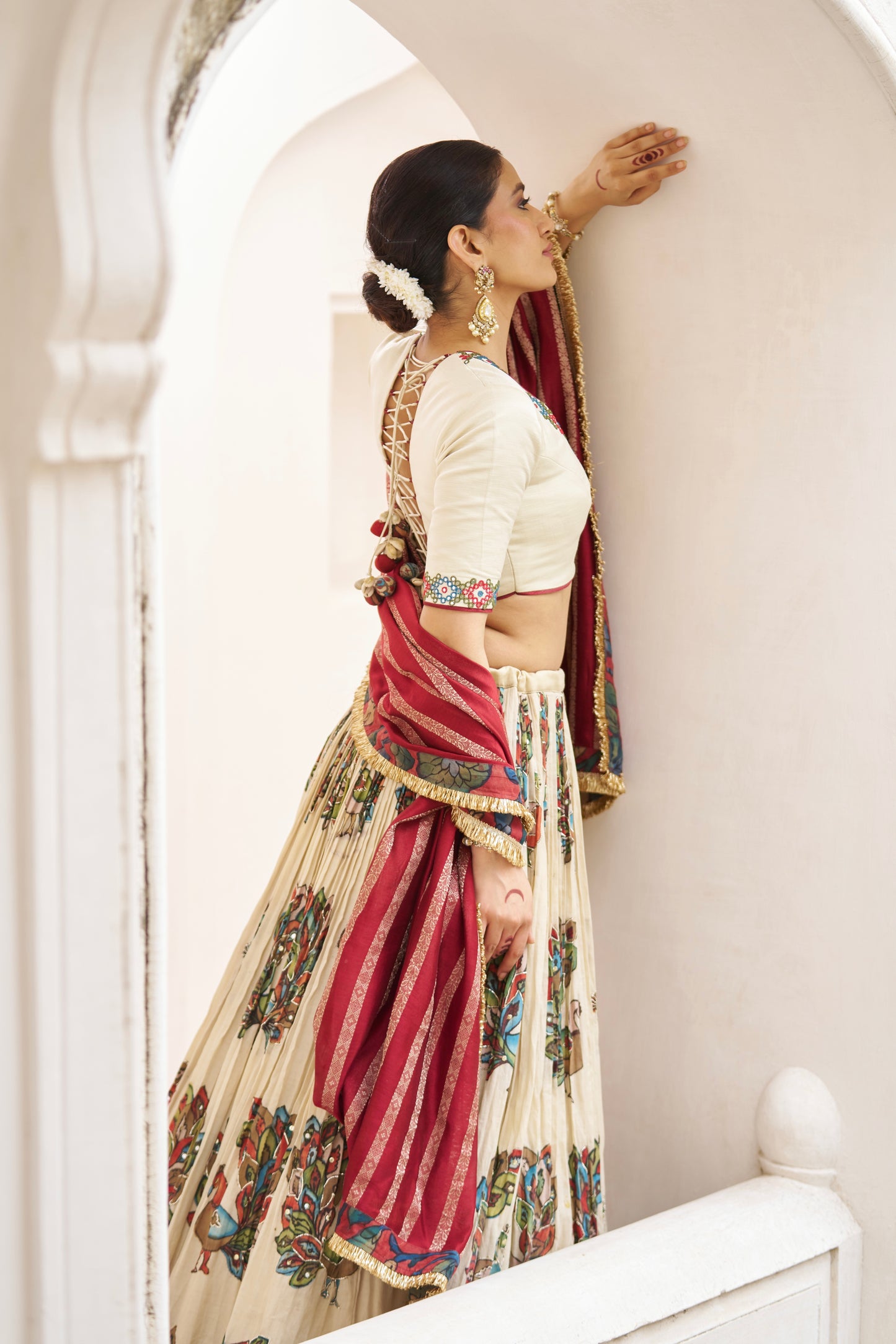 Ivory Peacock Theme Kalamkari Lehenga Set