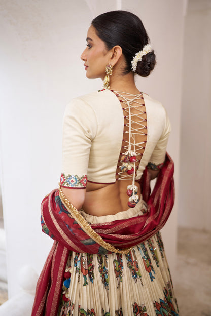 Ivory Peacock Theme Kalamkari Lehenga Set