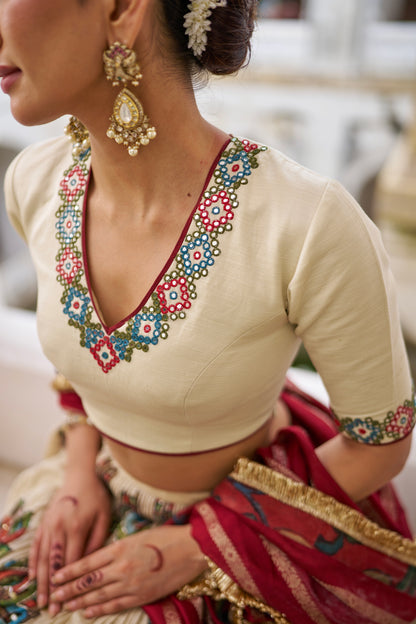 Ivory Peacock Theme Kalamkari Lehenga Set