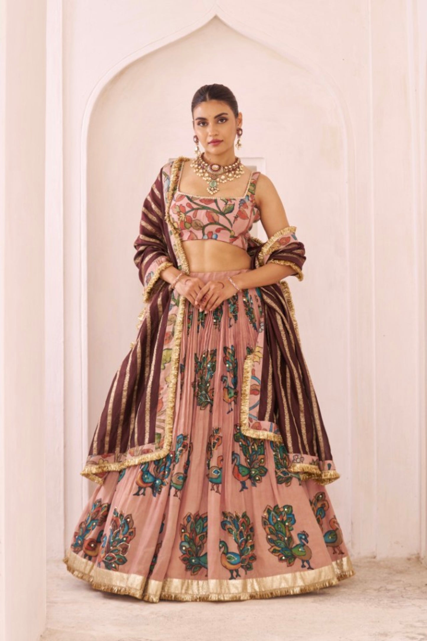 Sandrose-Pink Peacock Theme Kalamkari Lehenga Set