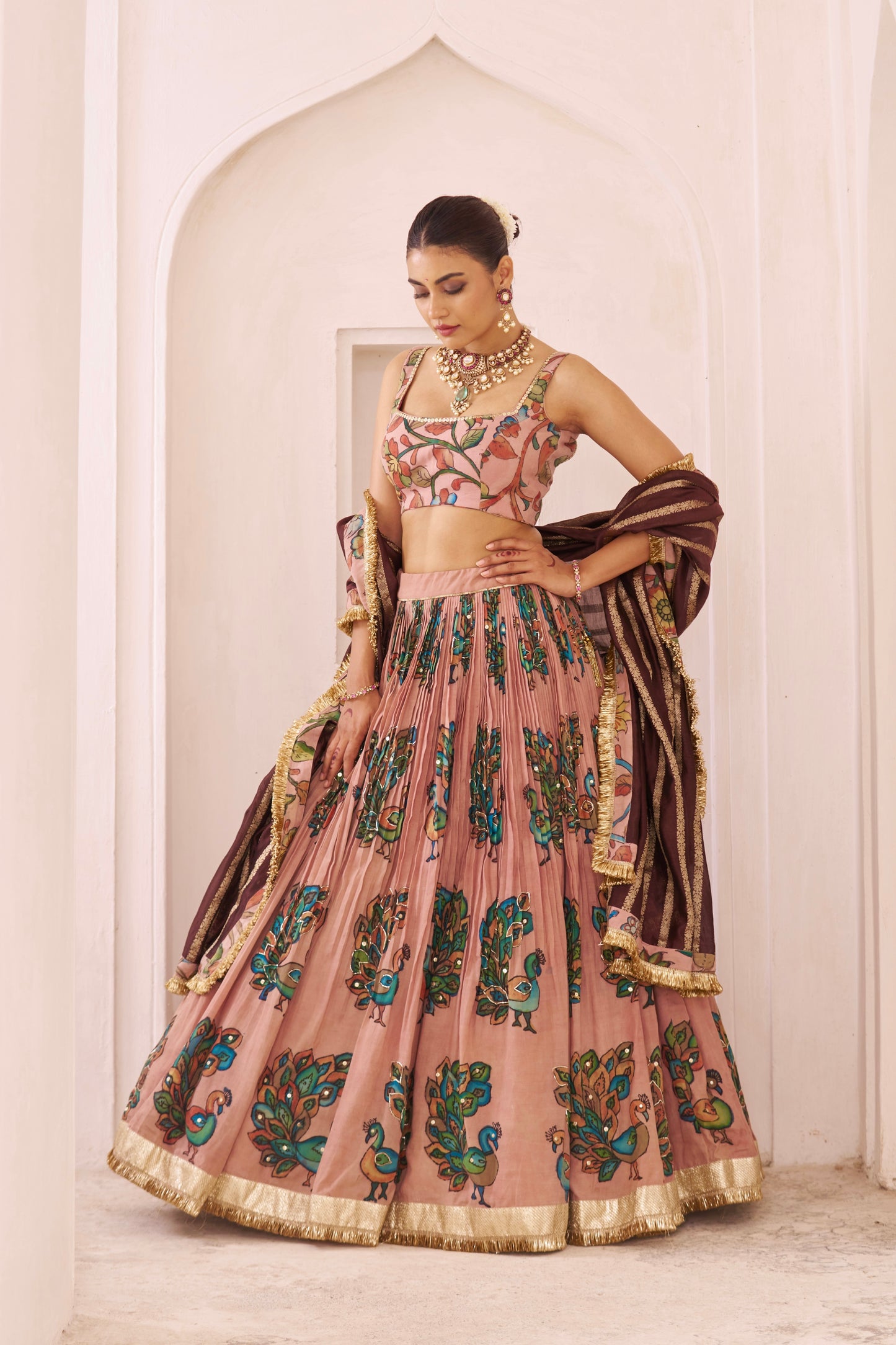 Sandrose-Pink Peacock Theme Kalamkari Lehenga Set