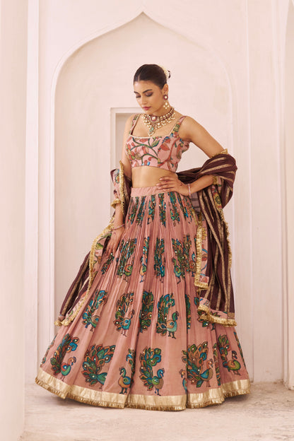 Sandrose-Pink Peacock Theme Kalamkari Lehenga Set