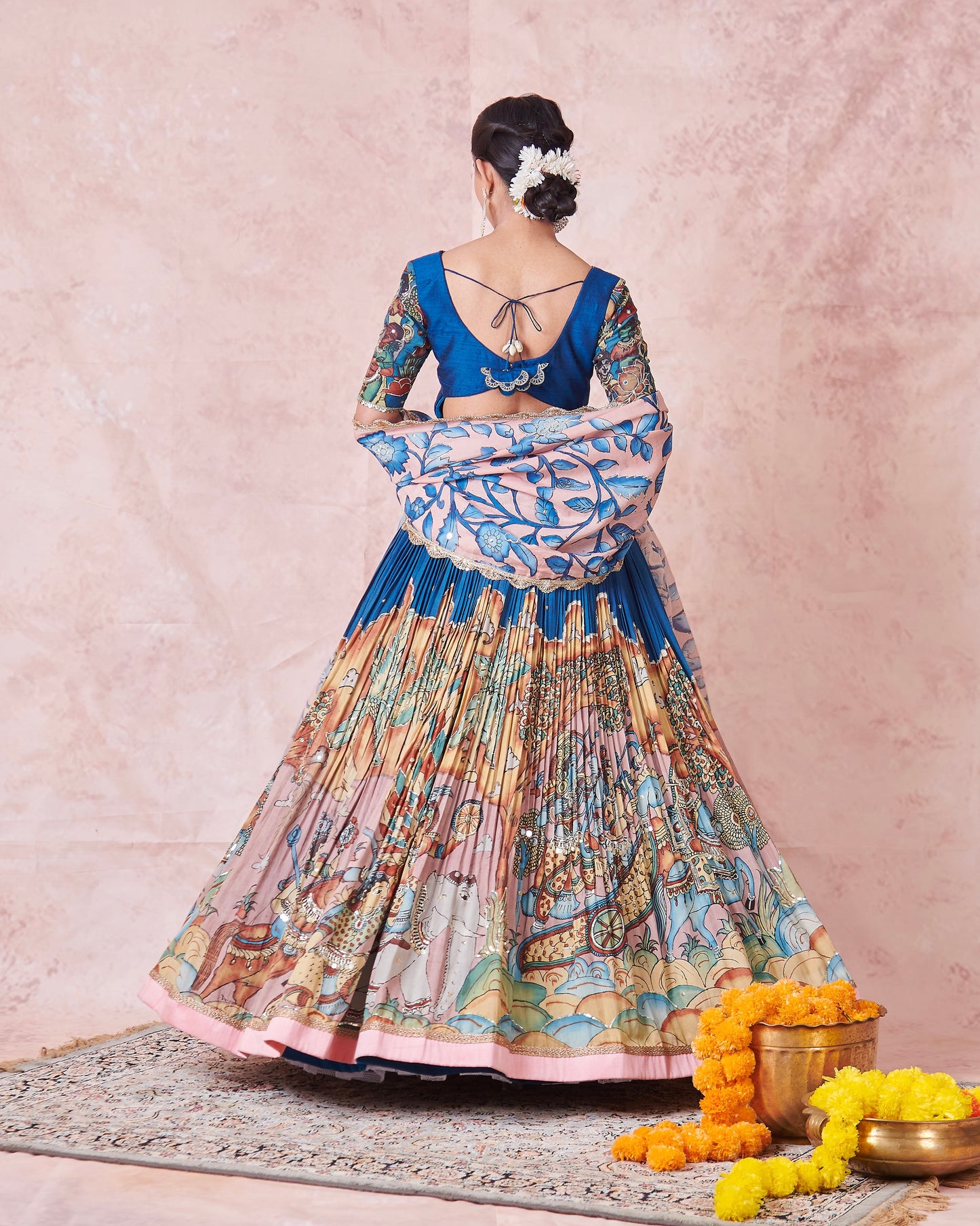 Blue Sena Theme Kalamkari Lehenga Set