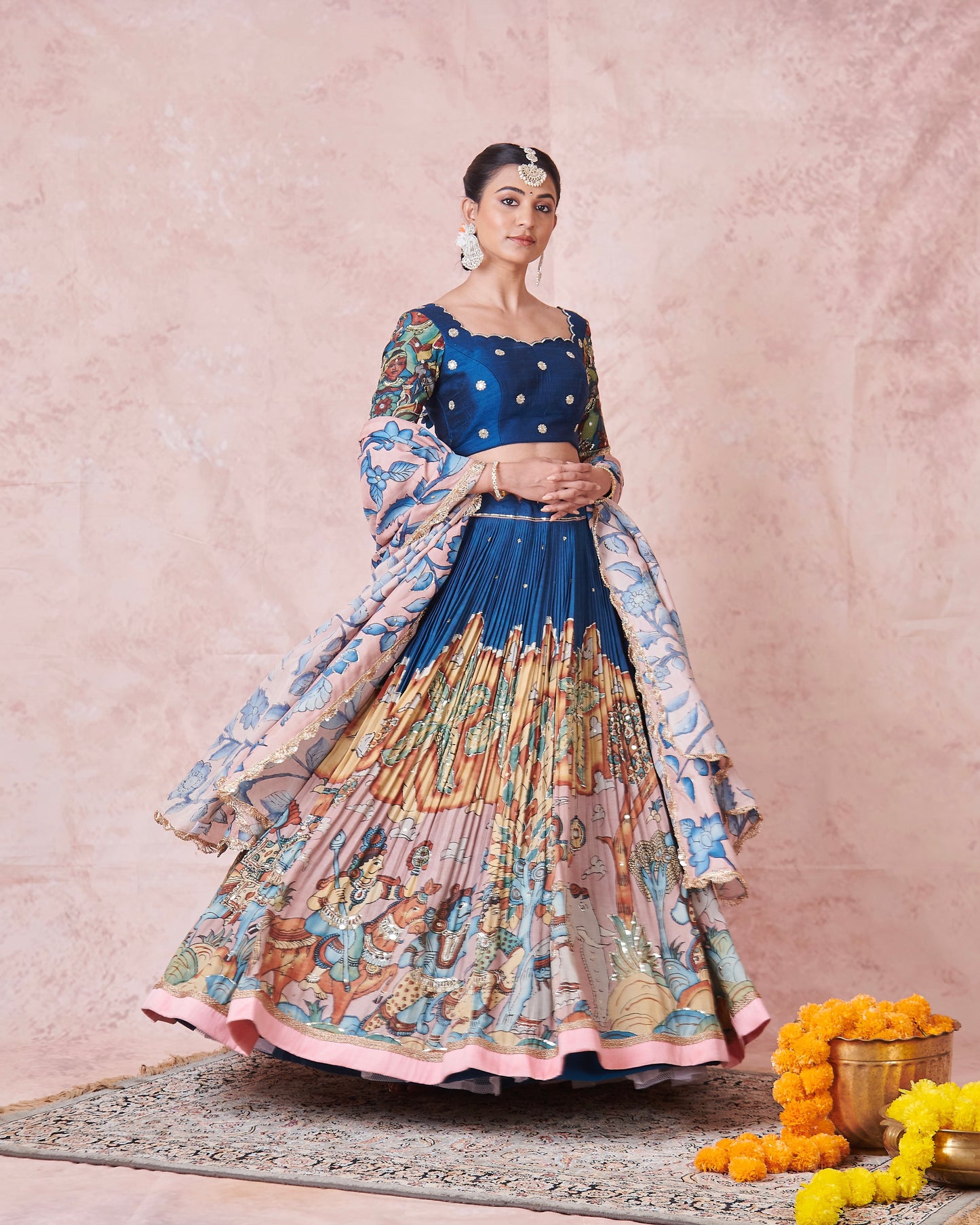 Blue Sena Theme Kalamkari Lehenga Set