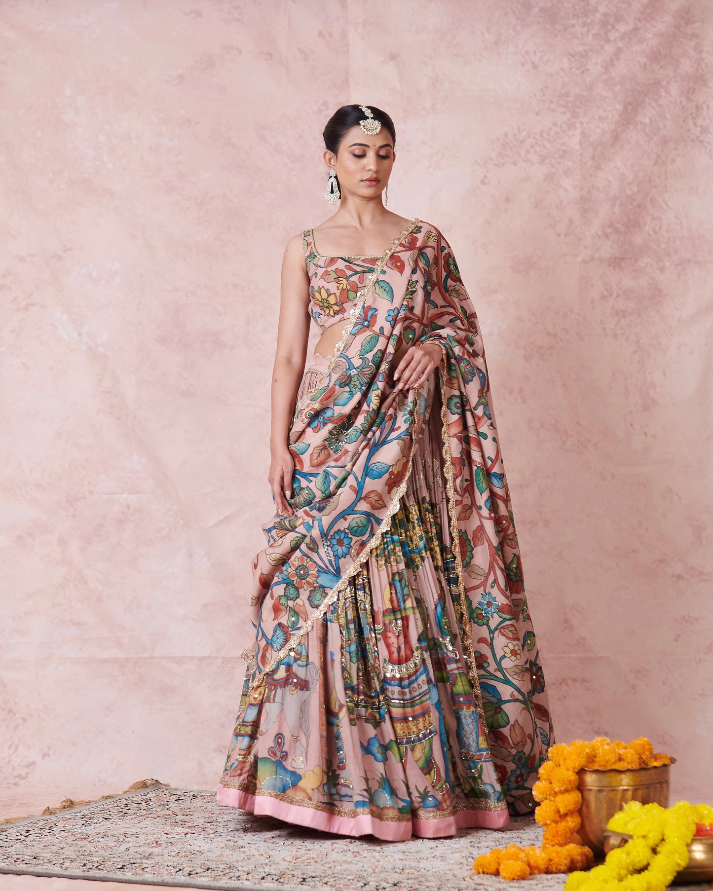Sandrose-Pink Palenquin Bride Theme Kalamkari Lehenga Set