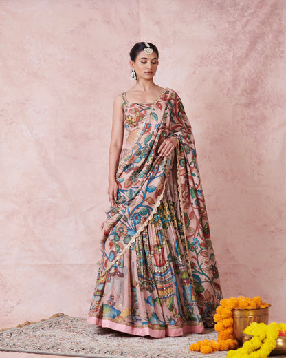 Sandrose-Pink Palenquin Bride Theme Kalamkari Lehenga Set