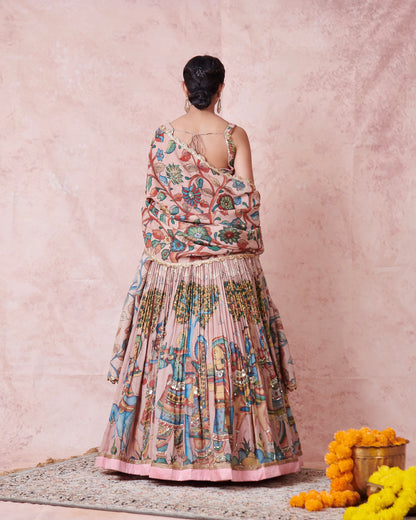 Sandrose-Pink Palenquin Bride Theme Kalamkari Lehenga Set