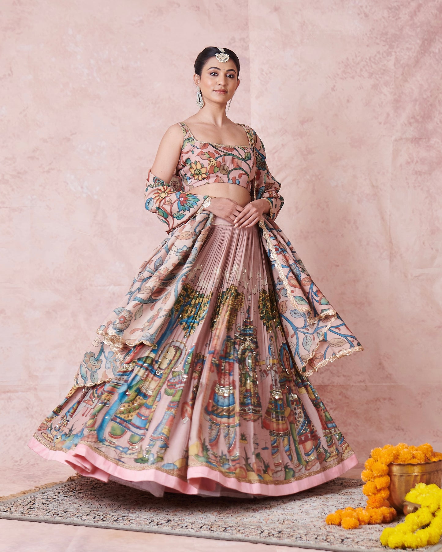 Sandrose-Pink Palenquin Bride Theme Kalamkari Lehenga Set