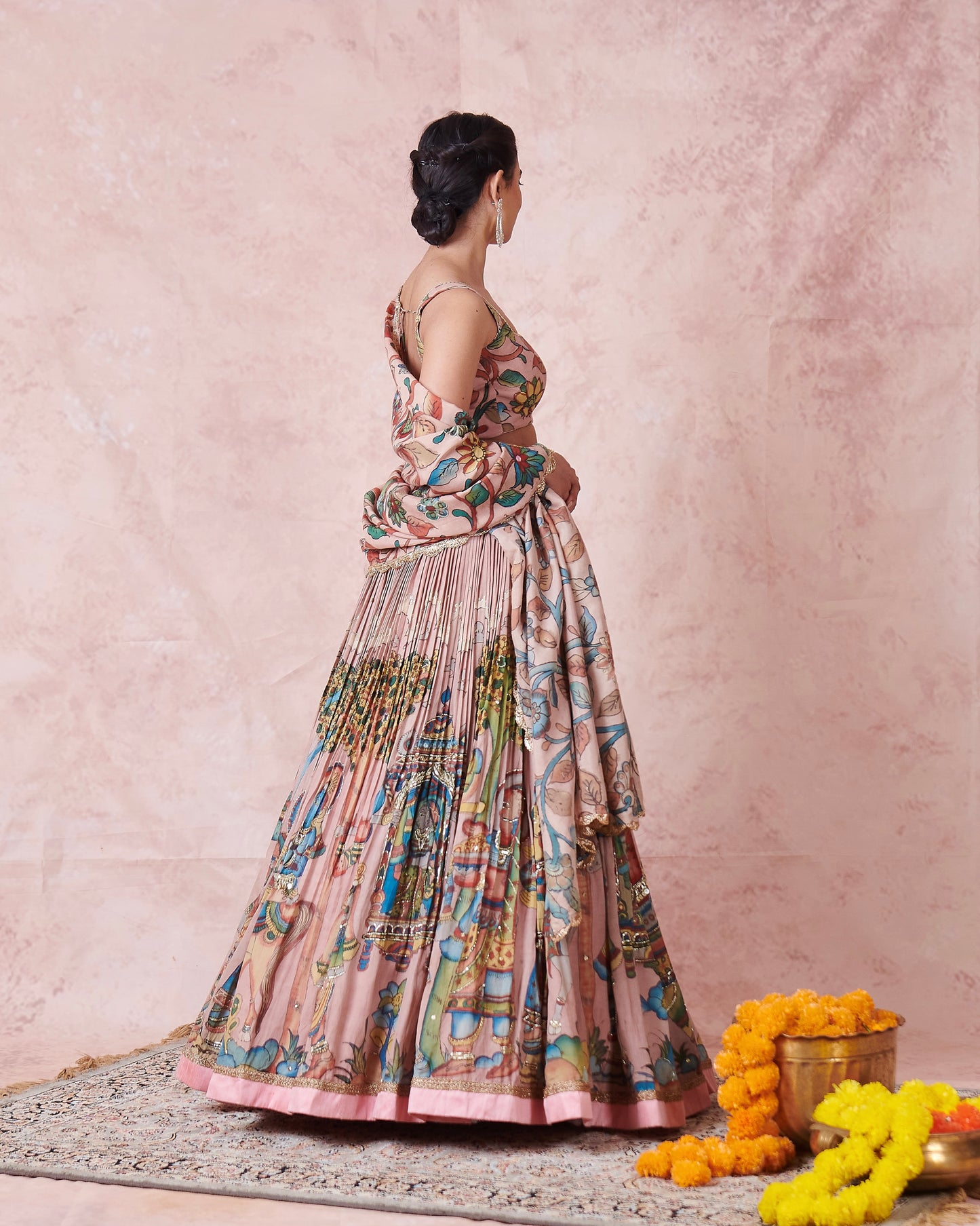 Sandrose-Pink Palenquin Bride Theme Kalamkari Lehenga Set
