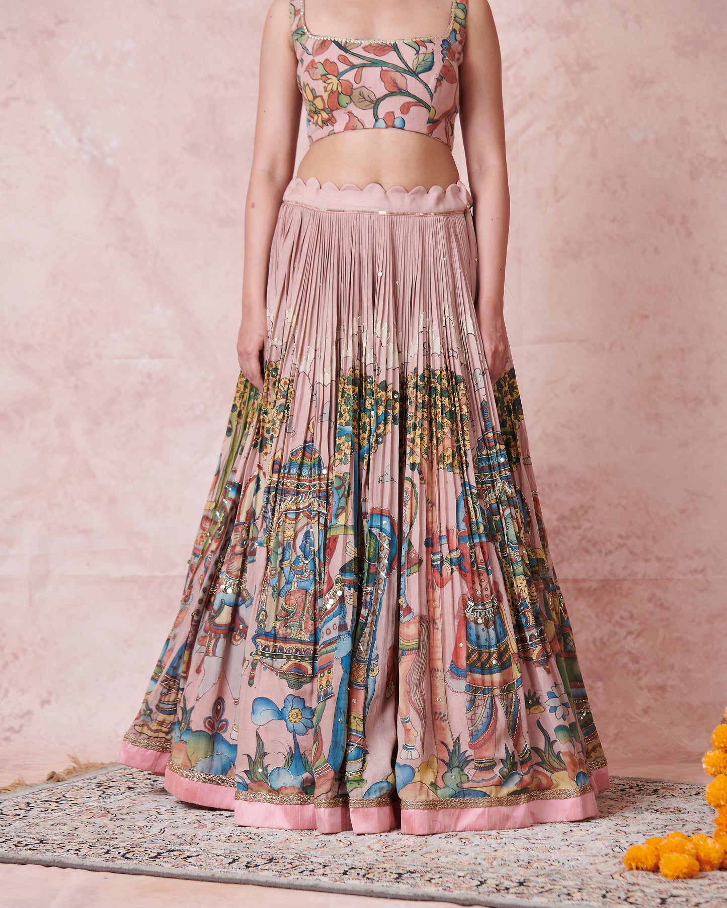 Sandrose-Pink Palenquin Bride Theme Kalamkari Lehenga Set