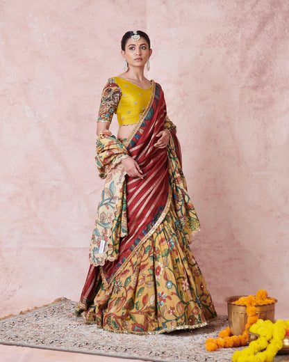 Oakre Yellow Floral Kalamkari Lehenga Set