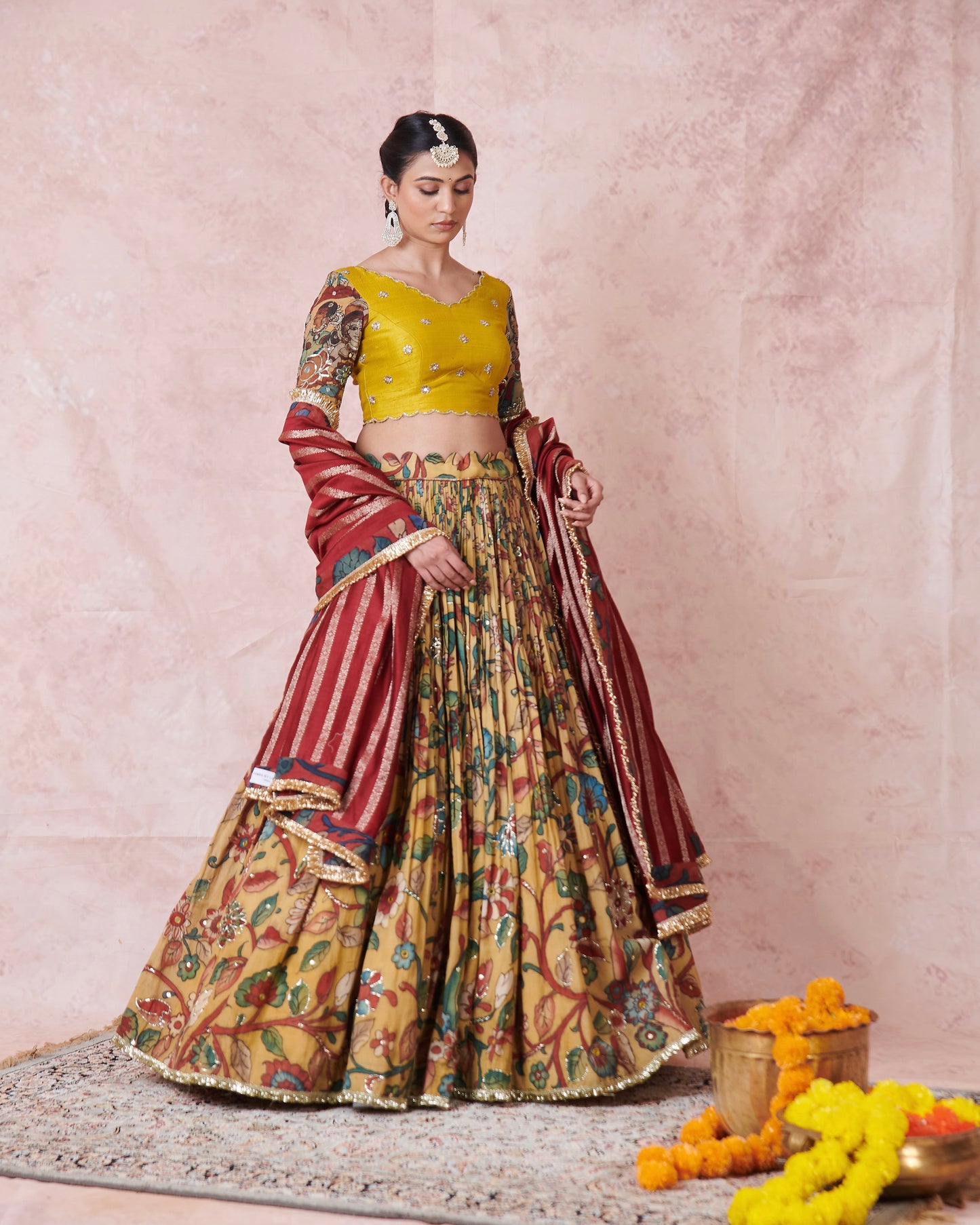 Oakre Yellow Floral Kalamkari Lehenga Set