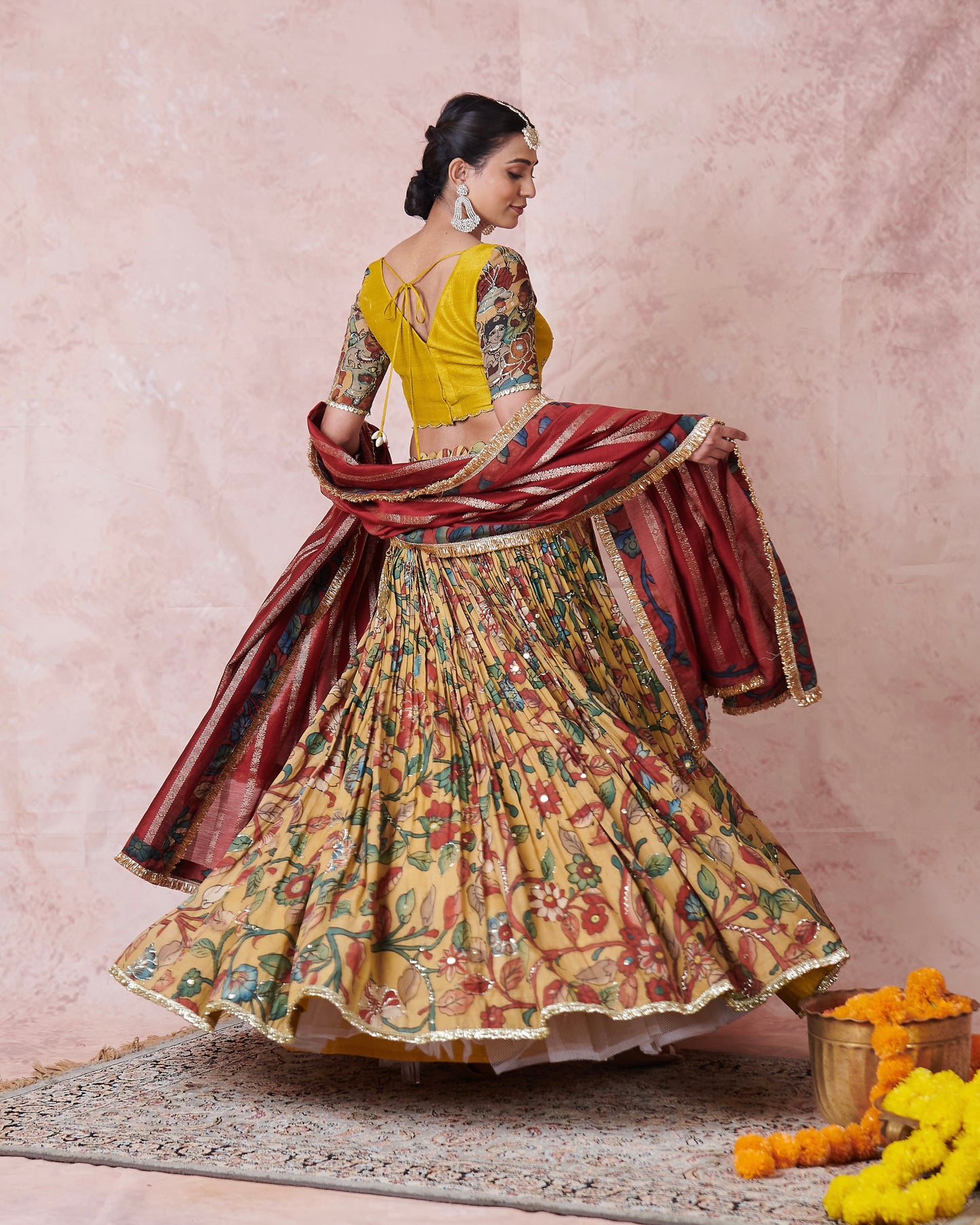 Oakre Yellow Floral Kalamkari Lehenga Set