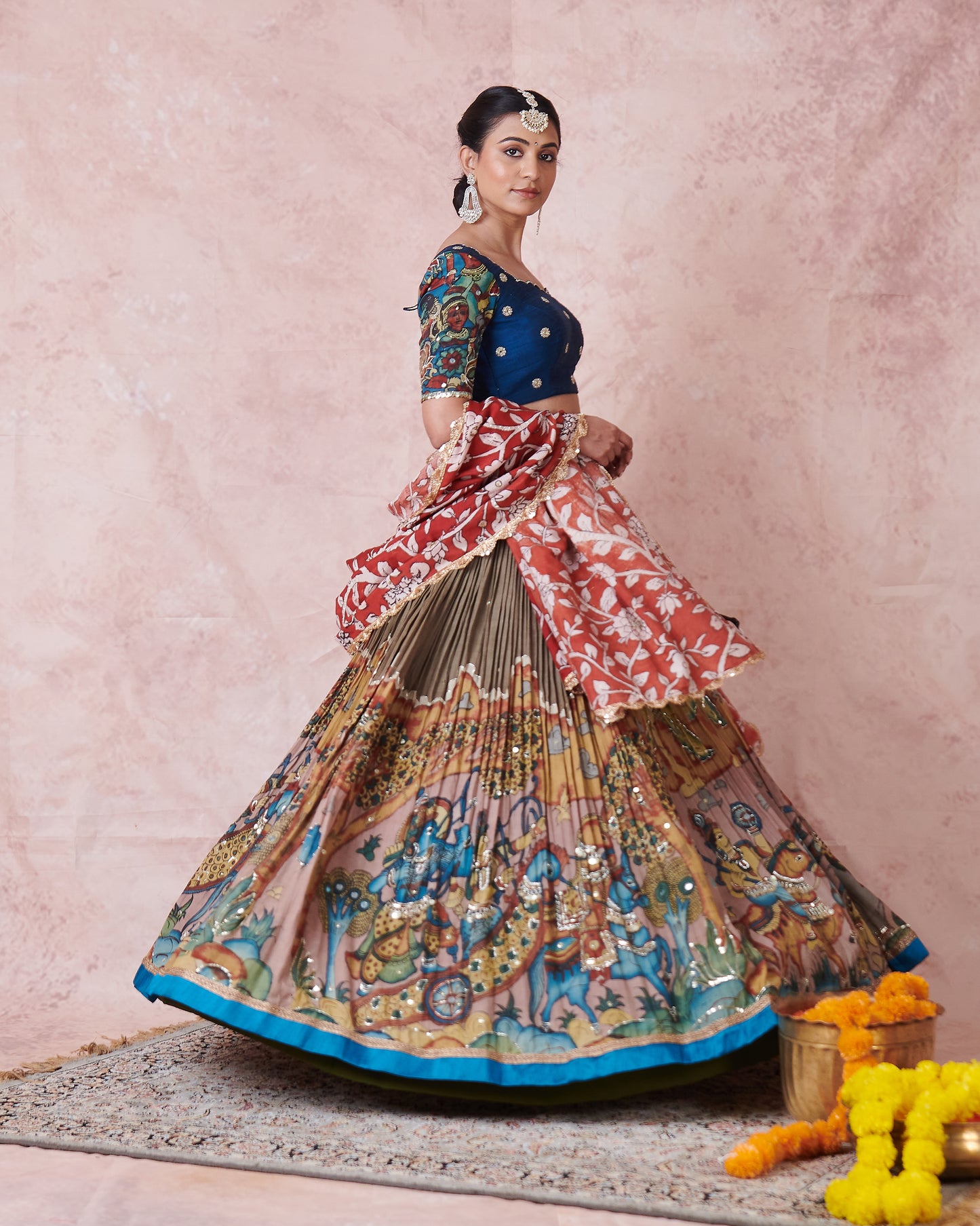 Olive-Green Sena Theme Kalamkari Lehenga Set