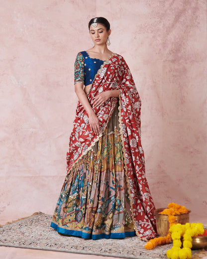 Olive-Green Sena Theme Kalamkari Lehenga Set