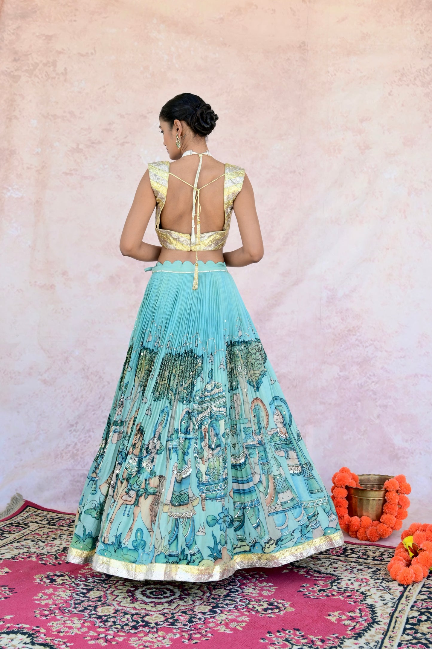 Ice-Blue Palenquin Bride Theme Kalamkari Lehenga Set