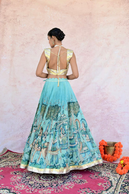 Ice-Blue Palenquin Bride Theme Kalamkari Lehenga Set