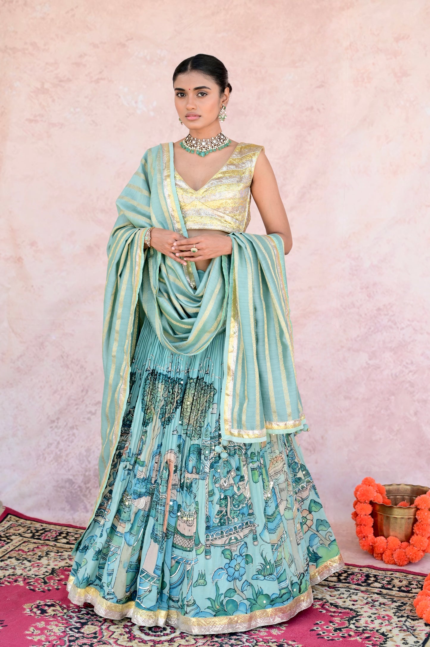 Ice-Blue Palenquin Bride Theme Kalamkari Lehenga Set