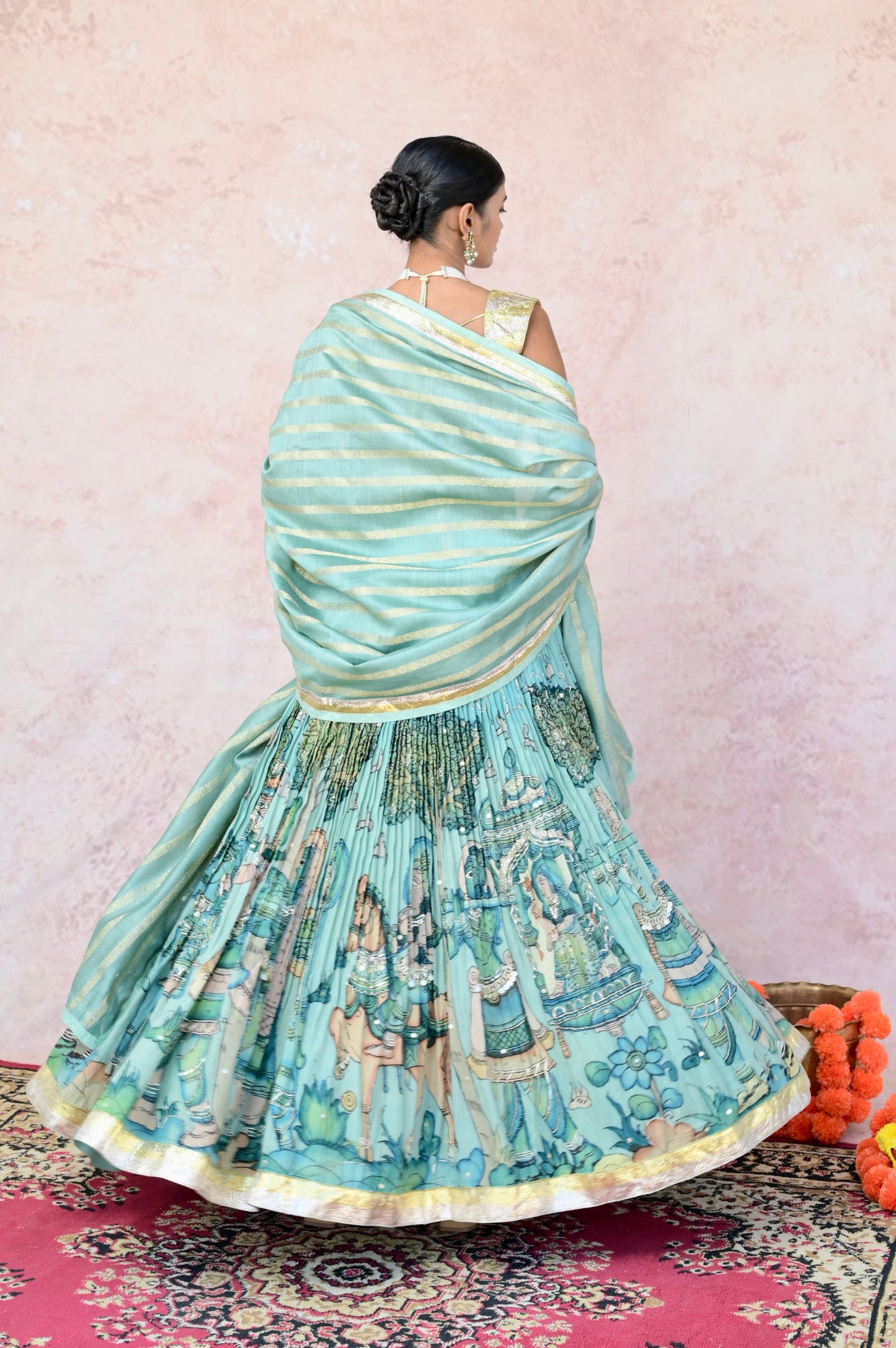 Ice-Blue Palenquin Bride Theme Kalamkari Lehenga Set