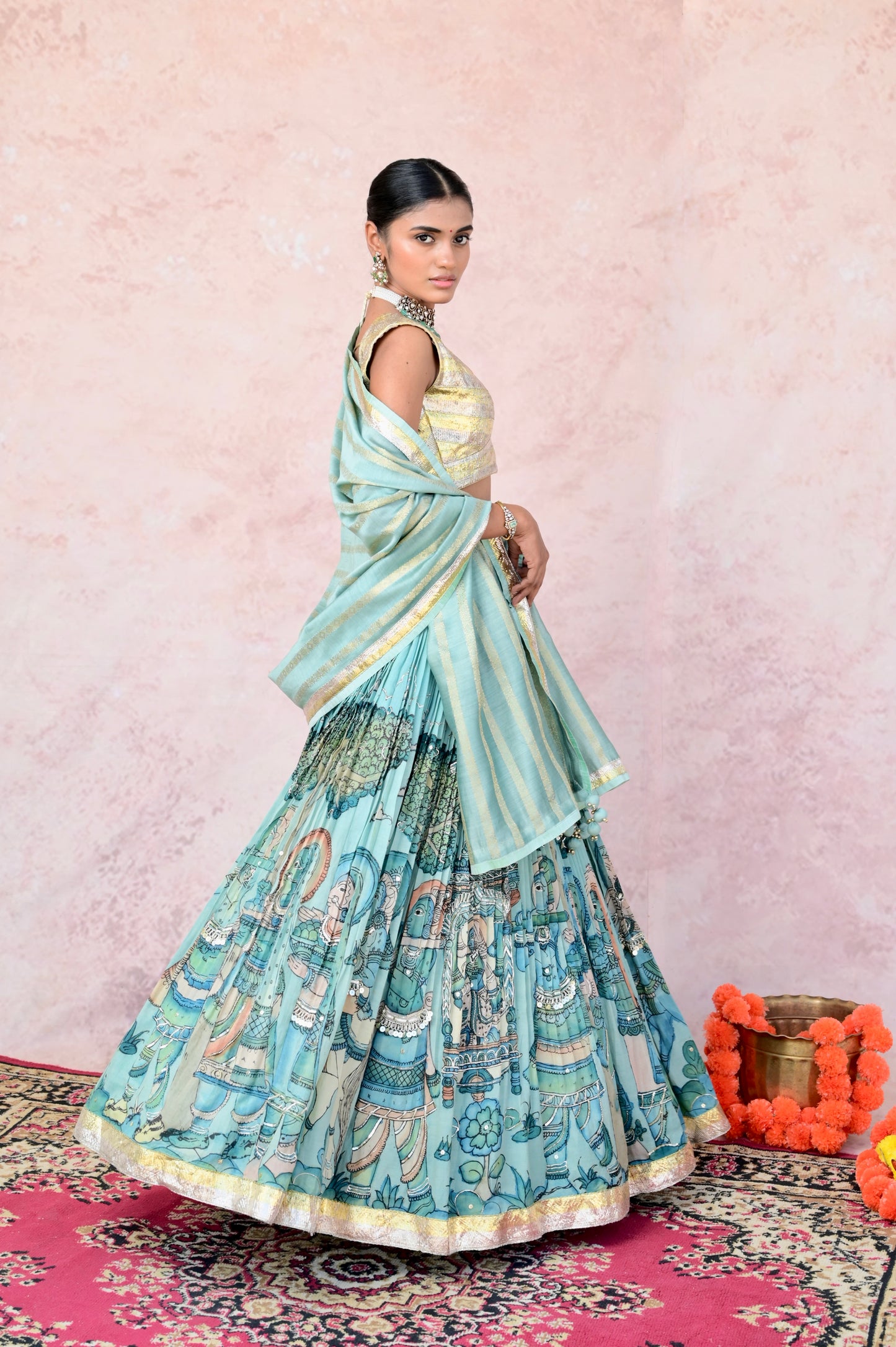 Ice-Blue Palenquin Bride Theme Kalamkari Lehenga Set