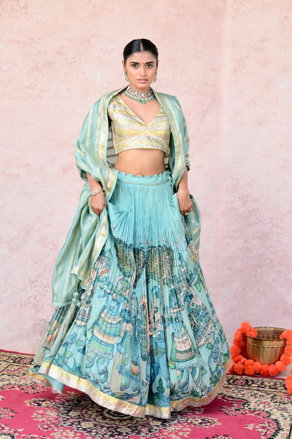 Ice-Blue Palenquin Bride Theme Kalamkari Lehenga Set