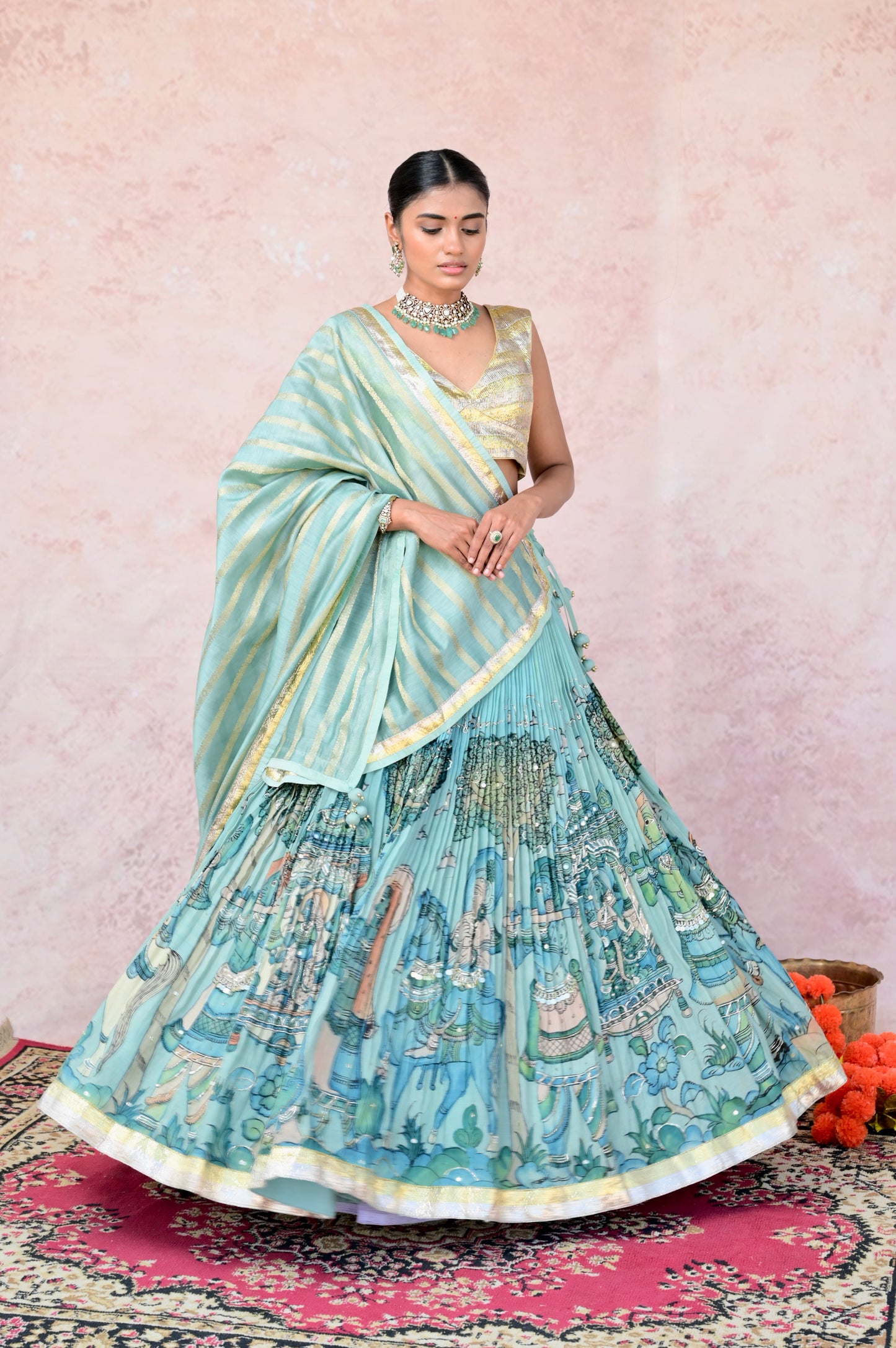 Ice-Blue Palenquin Bride Theme Kalamkari Lehenga Set