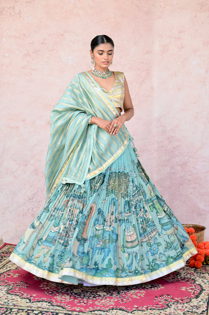 Ice-Blue Palenquin Bride Theme Kalamkari Lehenga Set