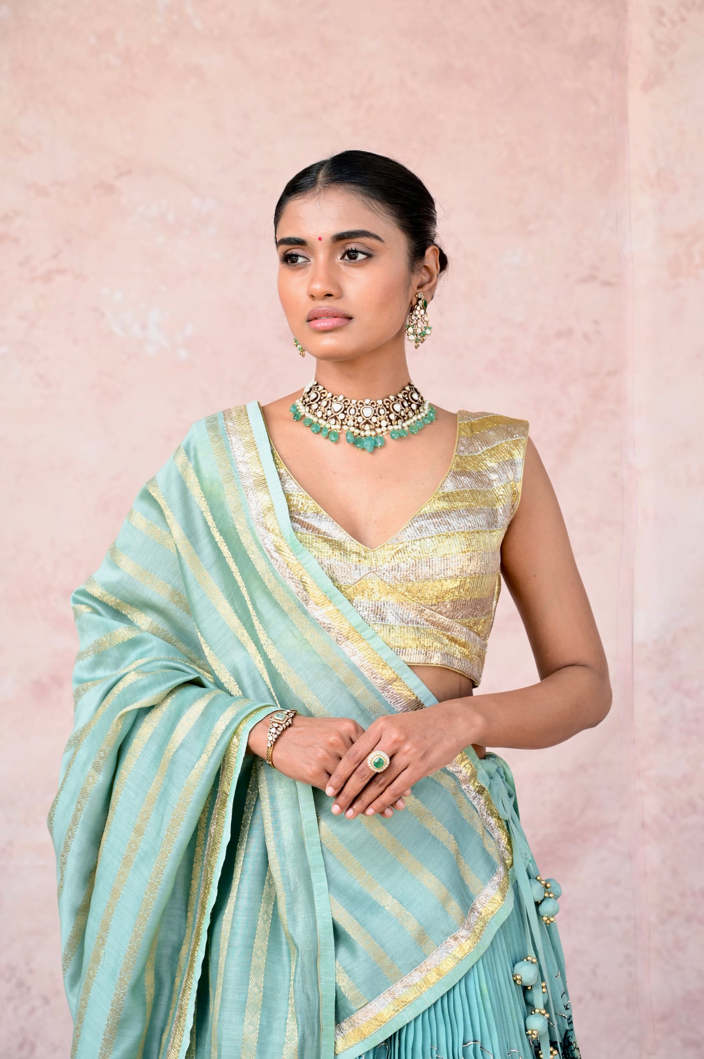 Ice-Blue Palenquin Bride Theme Kalamkari Lehenga Set