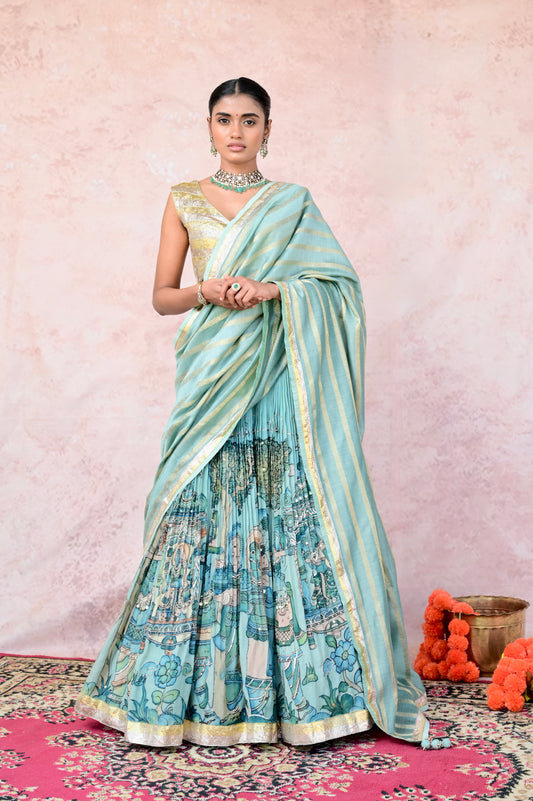 Ice-Blue Palenquin Bride Theme Kalamkari Lehenga Set