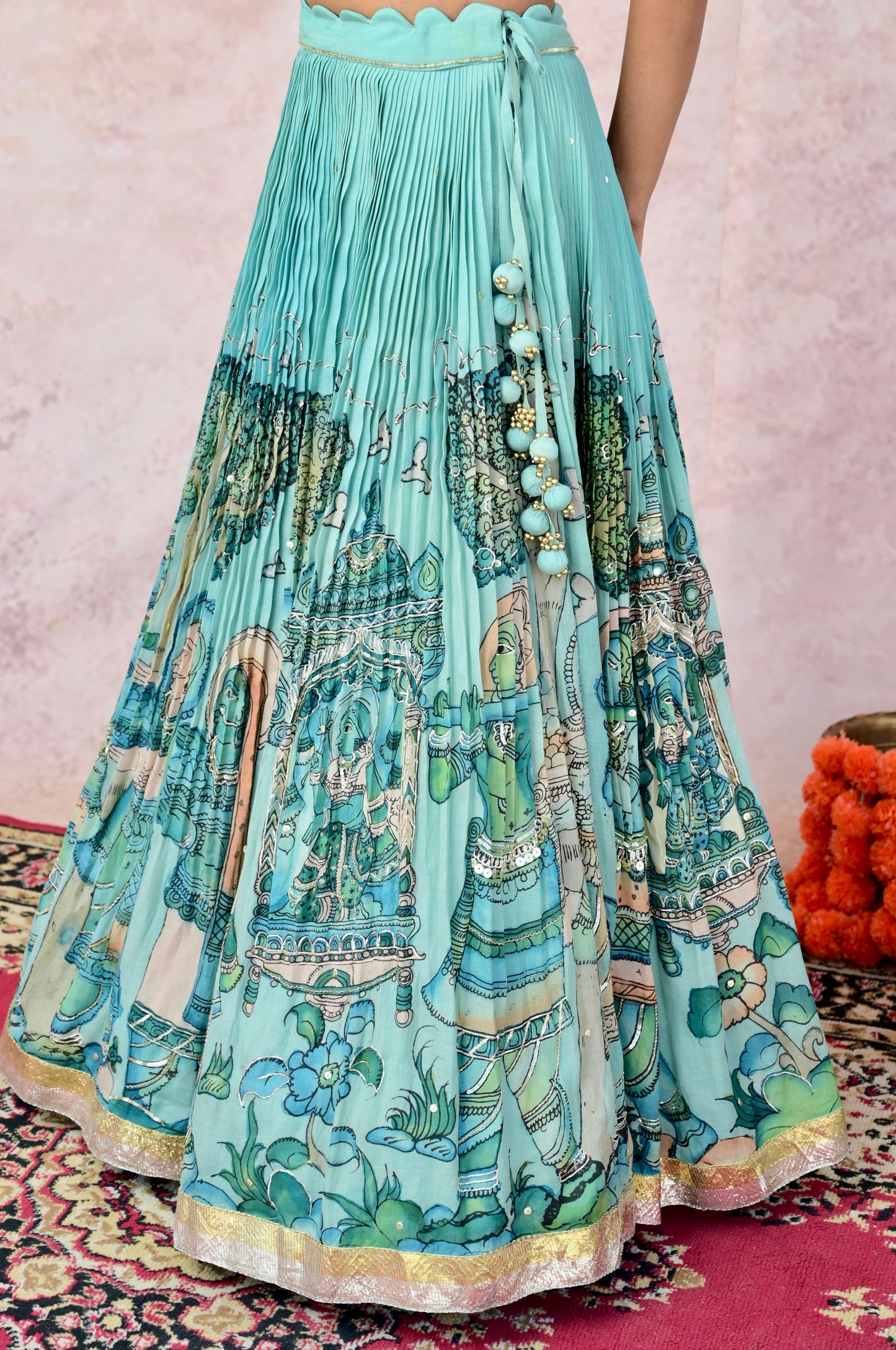 Ice-Blue Palenquin Bride Theme Kalamkari Lehenga Set