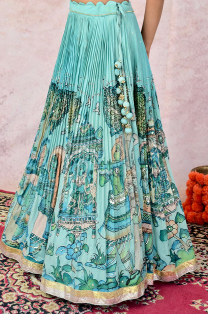 Ice-Blue Palenquin Bride Theme Kalamkari Lehenga Set
