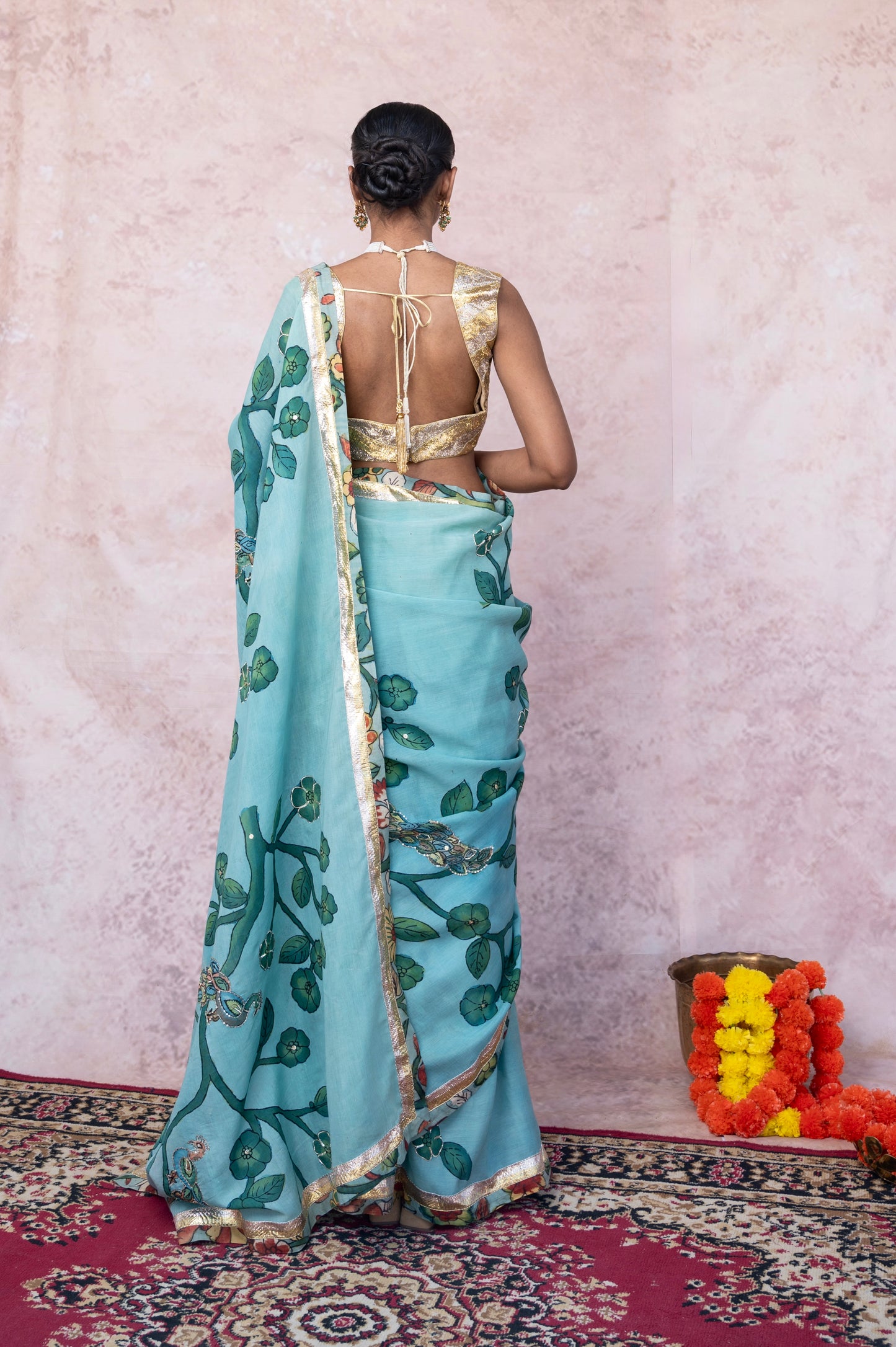 Aqua Blue Peacock Kalamkari  Saree Set