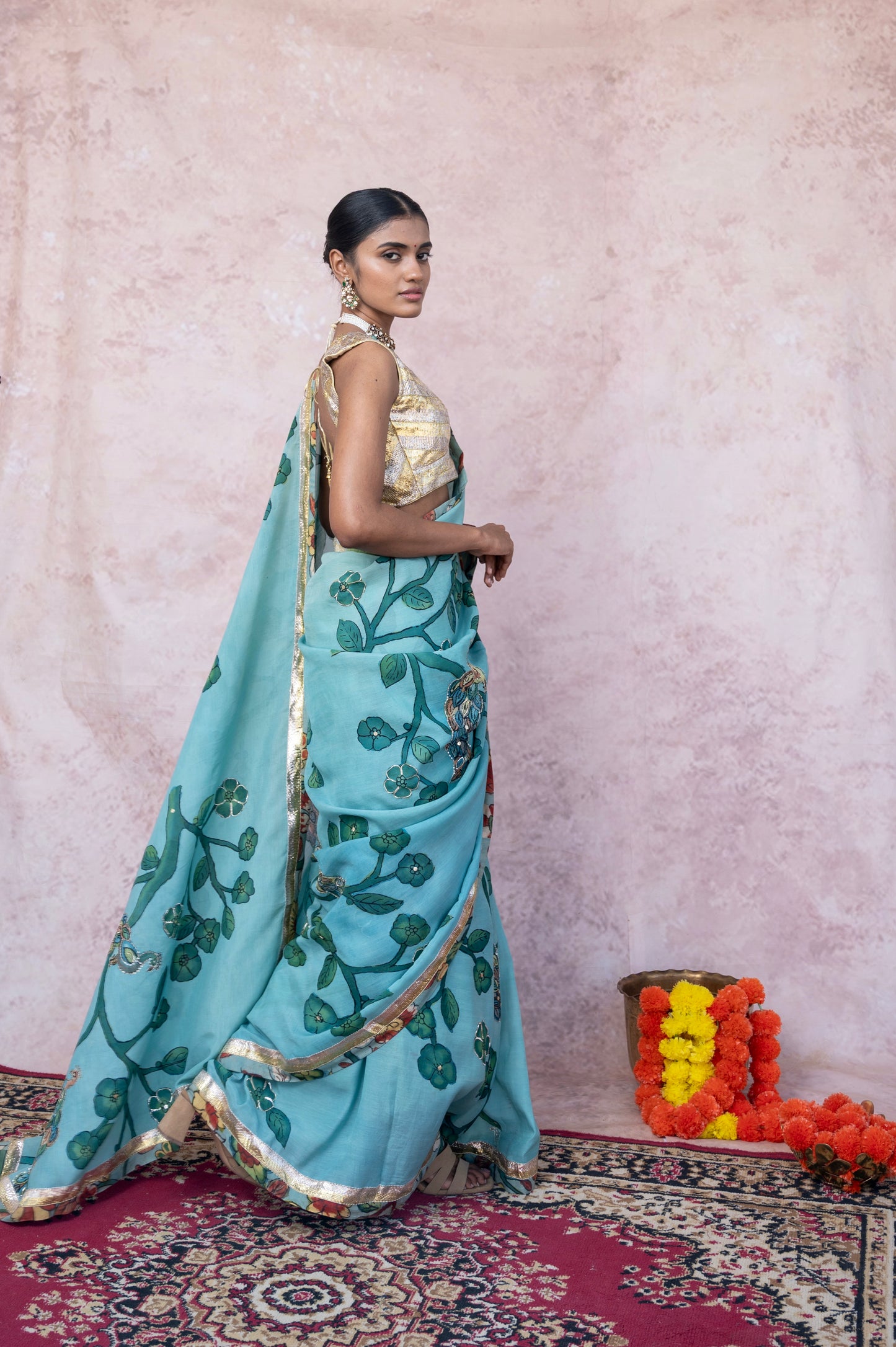 Aqua Blue Peacock Kalamkari  Saree Set