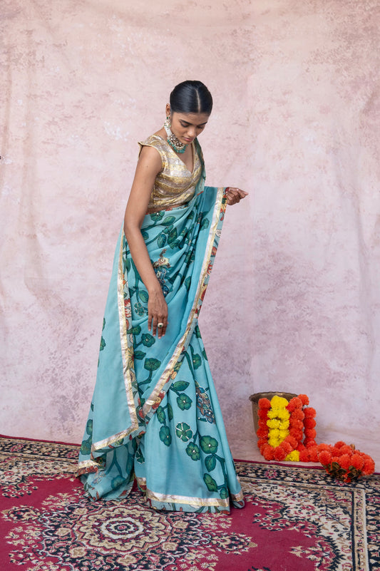 Aqua Blue Peacock Kalamkari  Saree Set