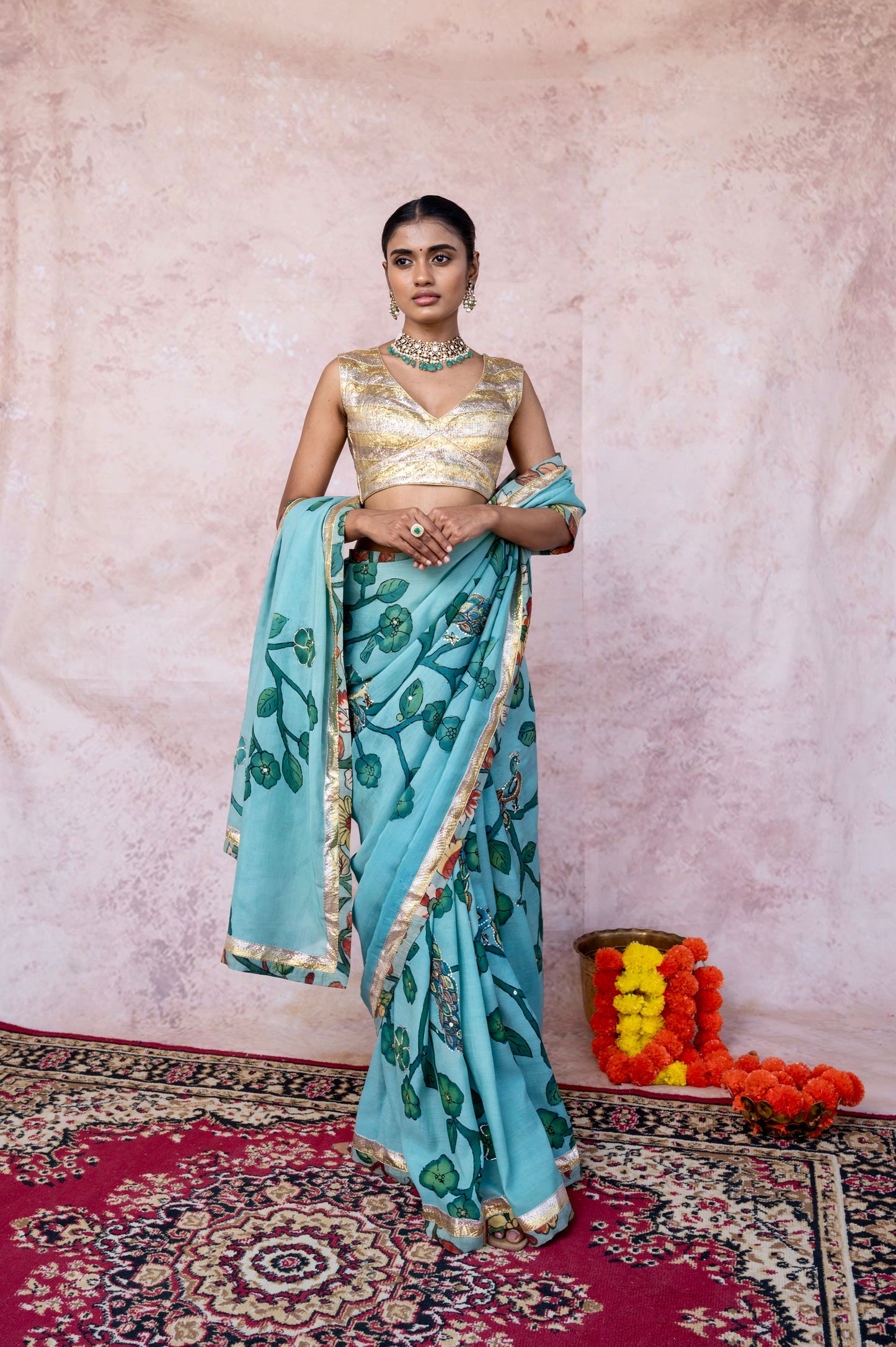 Aqua Blue Peacock Kalamkari  Saree Set