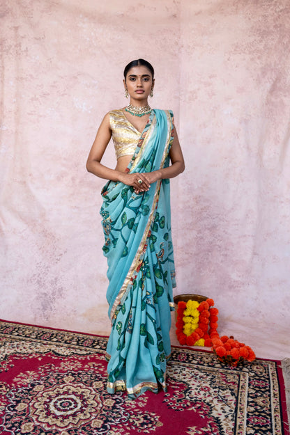 Aqua Blue Peacock Kalamkari  Saree Set