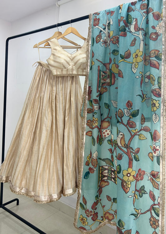 Ivory Lehenga Set With Birds Outside Cages Kalamkari Dupatta