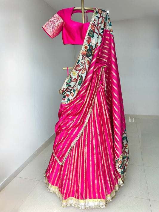 Hotpink Zari Stripes Floral Themed Kalamkari Lehenga Set