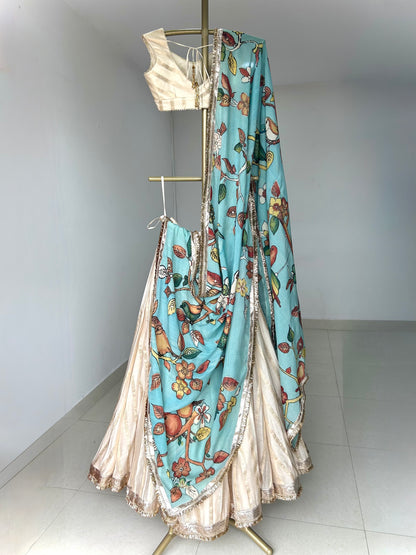 Ivory Lehenga Set With Birds Outside Cages Kalamkari Dupatta