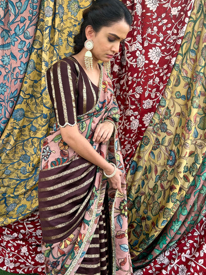 Brown Stripes Saree Set With Kalamkari