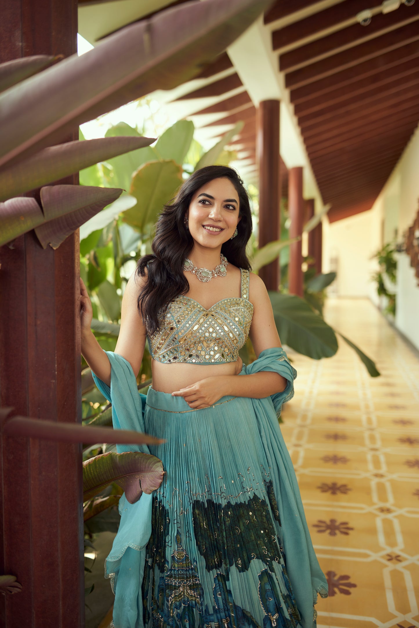 Ice-Blue Palenquin Bride Theme Kalamkari Lehenga Set