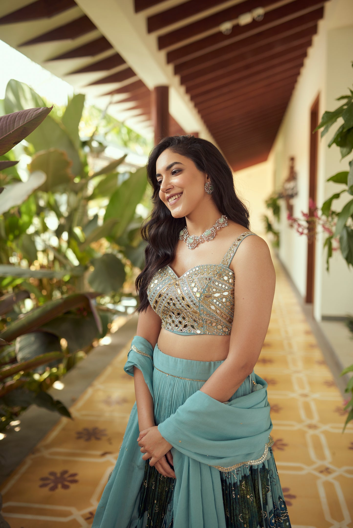 Ice-Blue Palenquin Bride Theme Kalamkari Lehenga Set